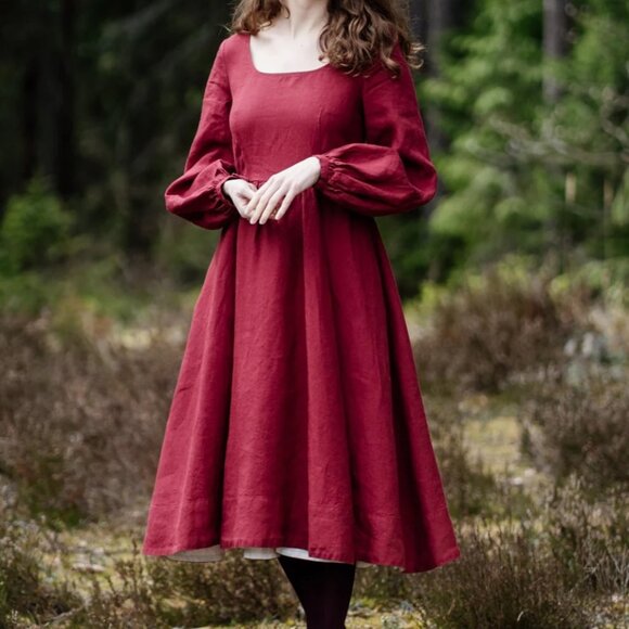 Son de Flor M Baltic Linen Midi Dress Marsala Red Long Sleeve Pockets - Picture 2 of 8
